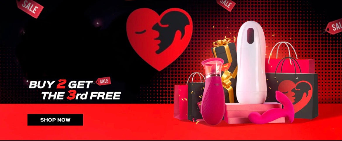Red sale tags, gift bags, sex toys, black and red, buy 2 get 3rd free